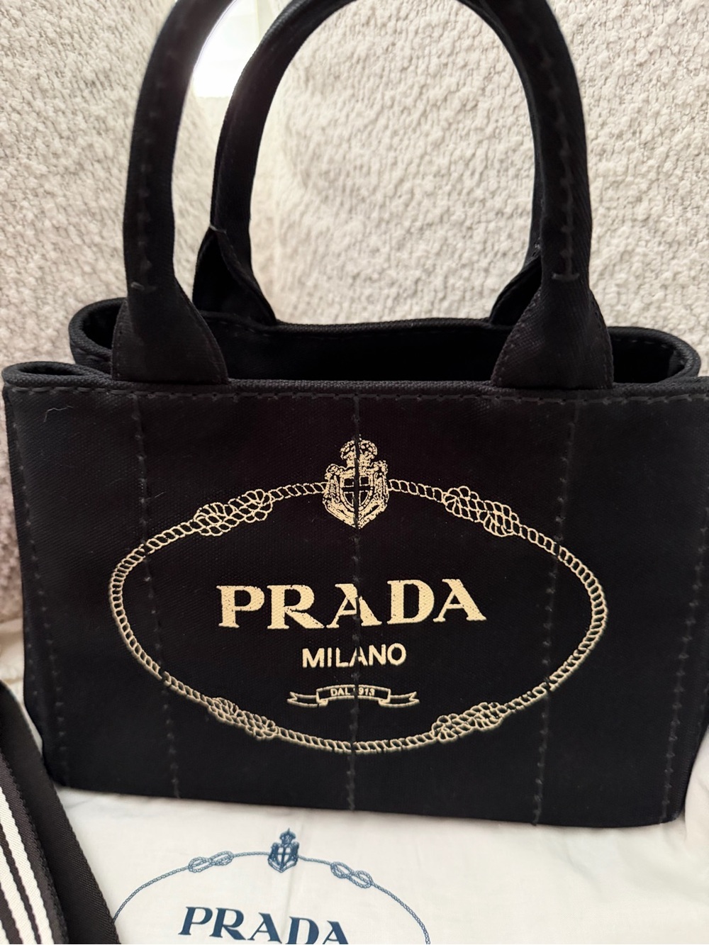 Prada Black Canvas Tote with Gold Logo